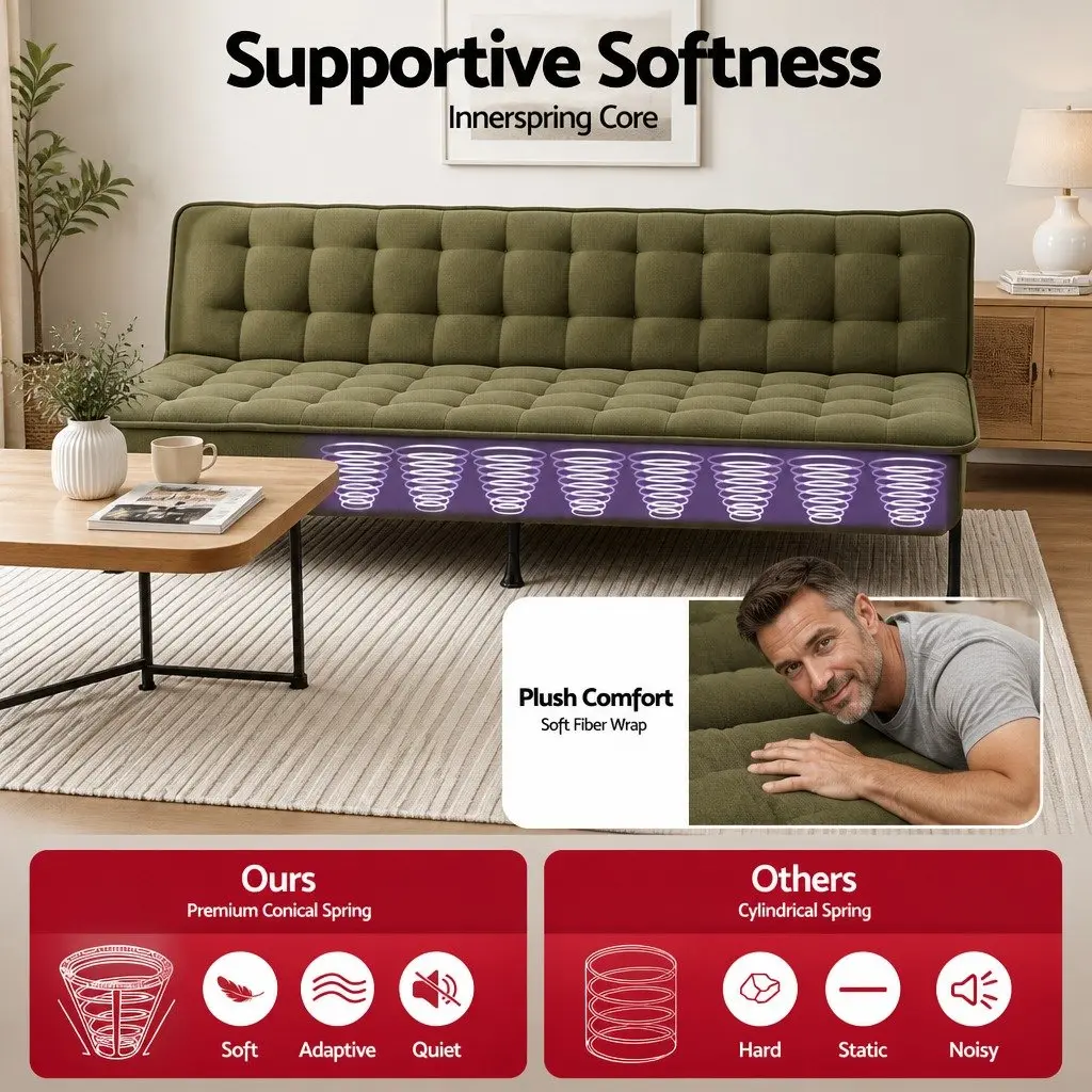 3-Seater Sofa Bed Adjustable Couch Olive Green Polyester Innerspring Futon Living Room Bedroom