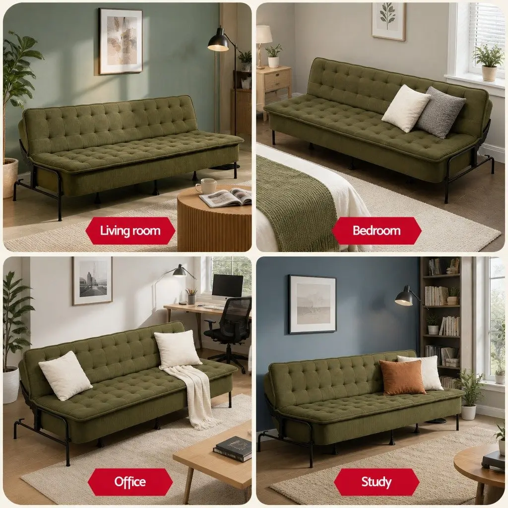 3-Seater Sofa Bed Adjustable Couch Olive Green Polyester Innerspring Futon Living Room Bedroom