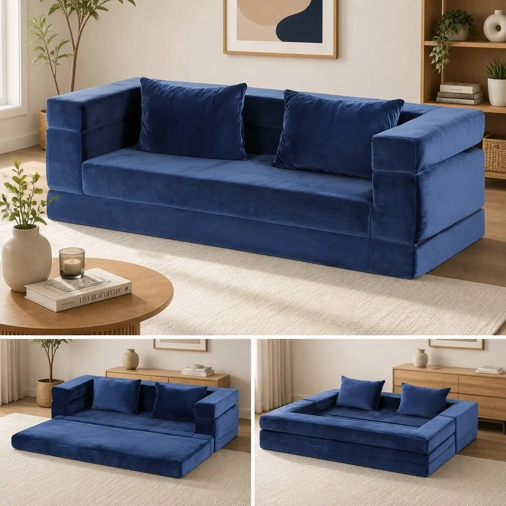 Convertible Sofa Bed Blue Velvet Fabric 3-in-1 Foldable Lounge Couch Chair