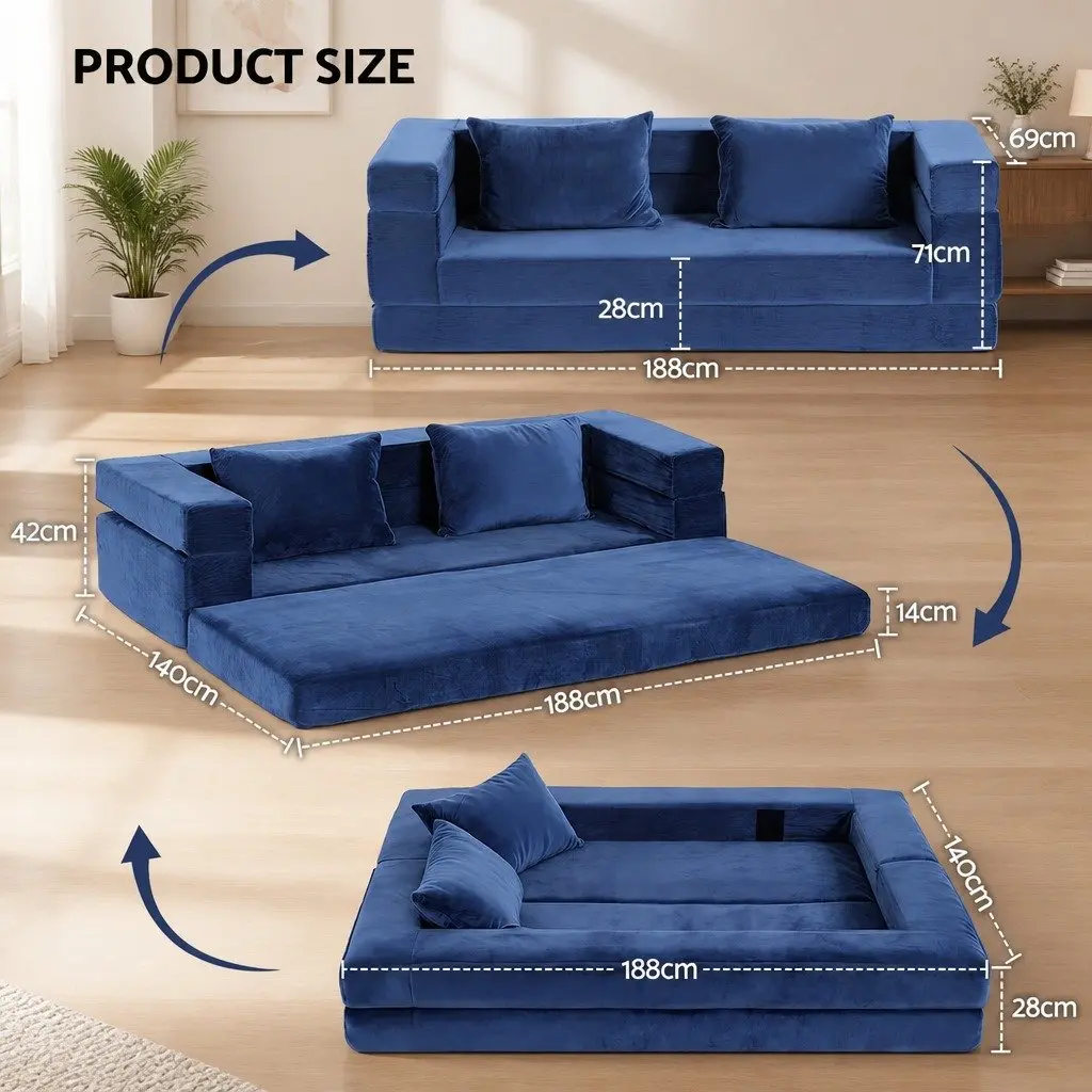 Convertible Sofa Bed Blue Velvet Fabric 3-in-1 Foldable Lounge Couch Chair