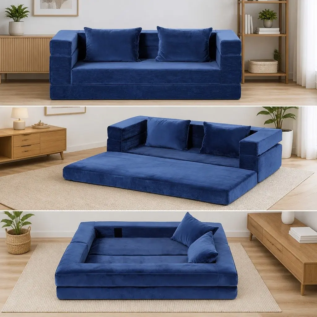 Convertible Sofa Bed Blue Velvet Fabric 3-in-1 Foldable Lounge Couch Chair