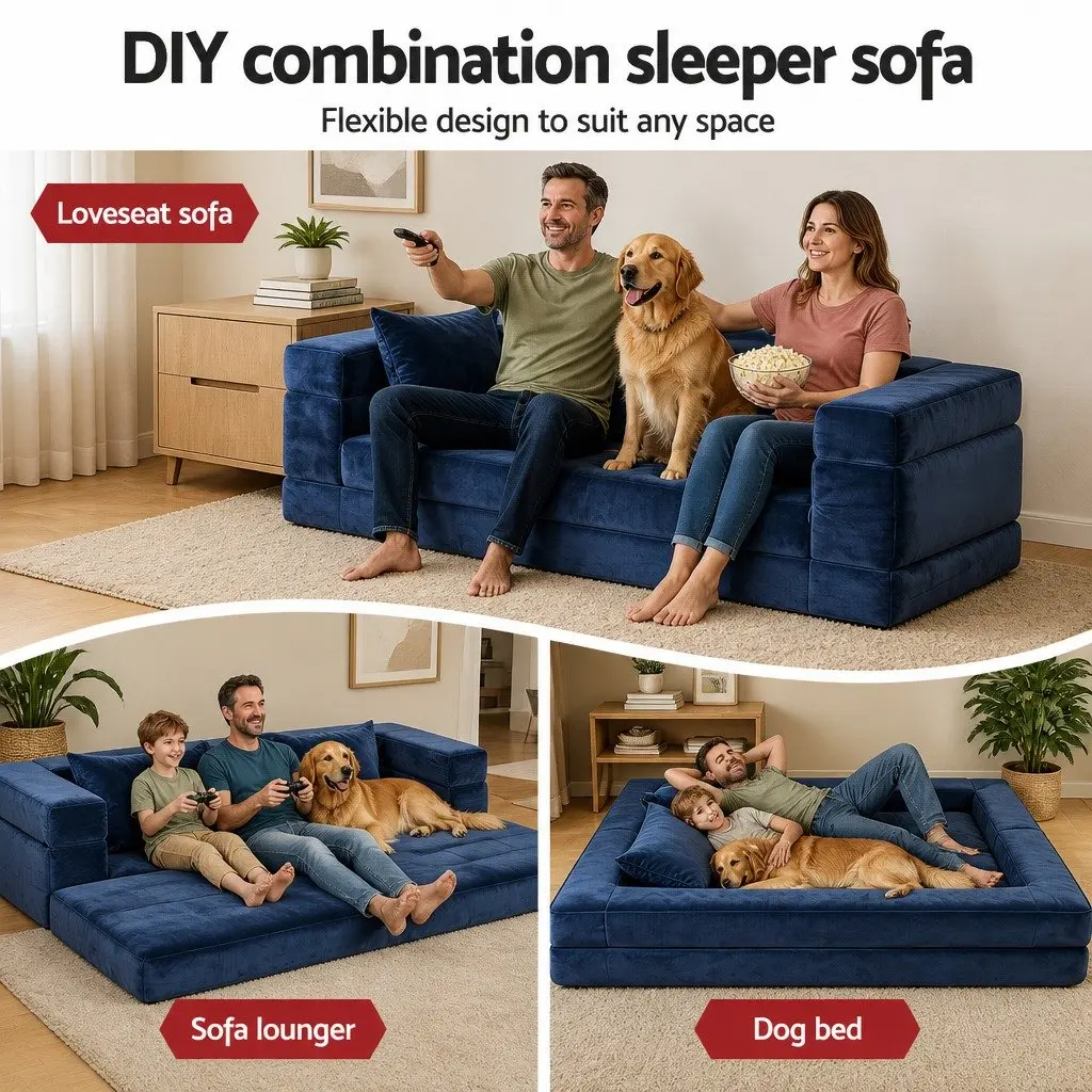 Convertible Sofa Bed Blue Velvet Fabric 3-in-1 Foldable Lounge Couch Chair