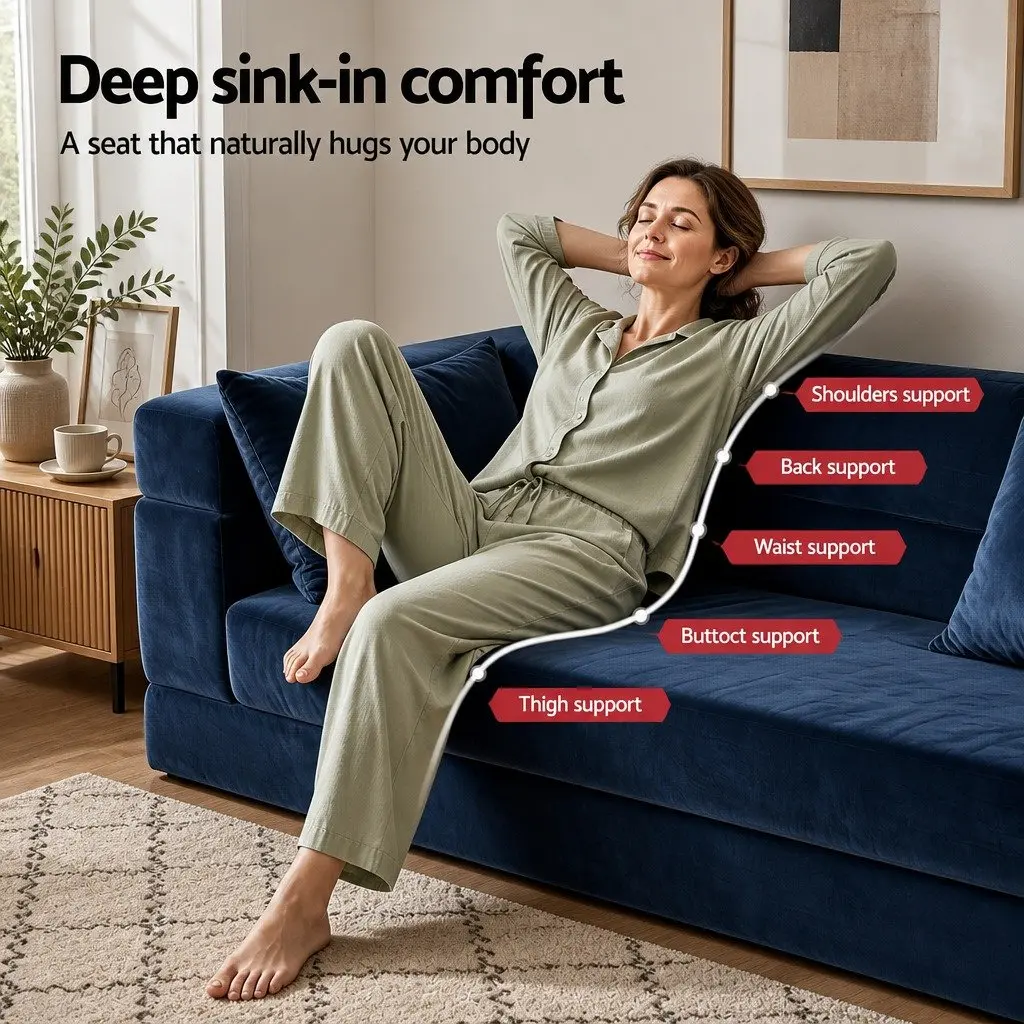 Convertible Sofa Bed Blue Velvet Fabric 3-in-1 Foldable Lounge Couch Chair