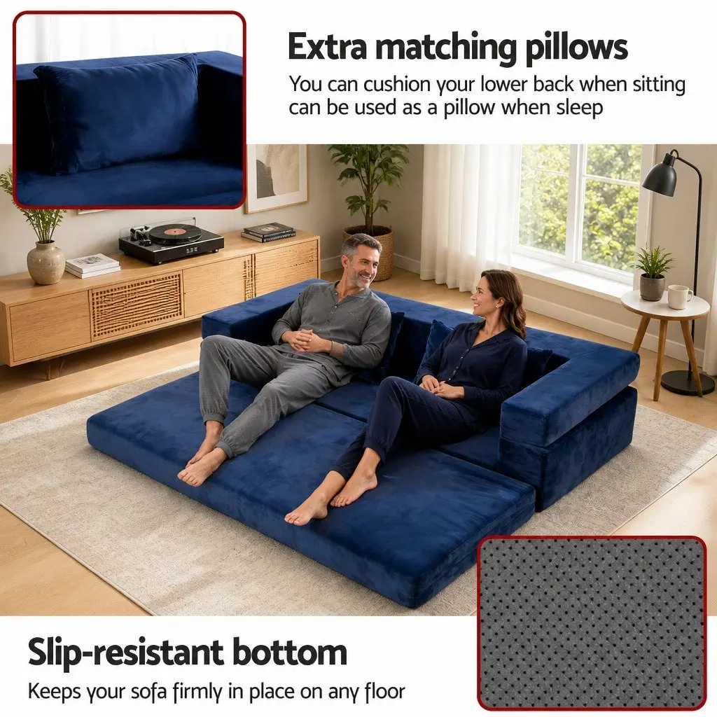 Convertible Sofa Bed Blue Velvet Fabric 3-in-1 Foldable Lounge Couch Chair