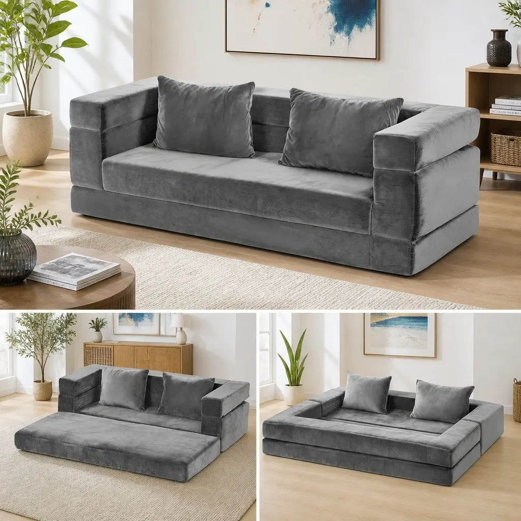 Convertible Sofa Bed Grey Velvet 3-in-1 Lounge Couch High Density Foam