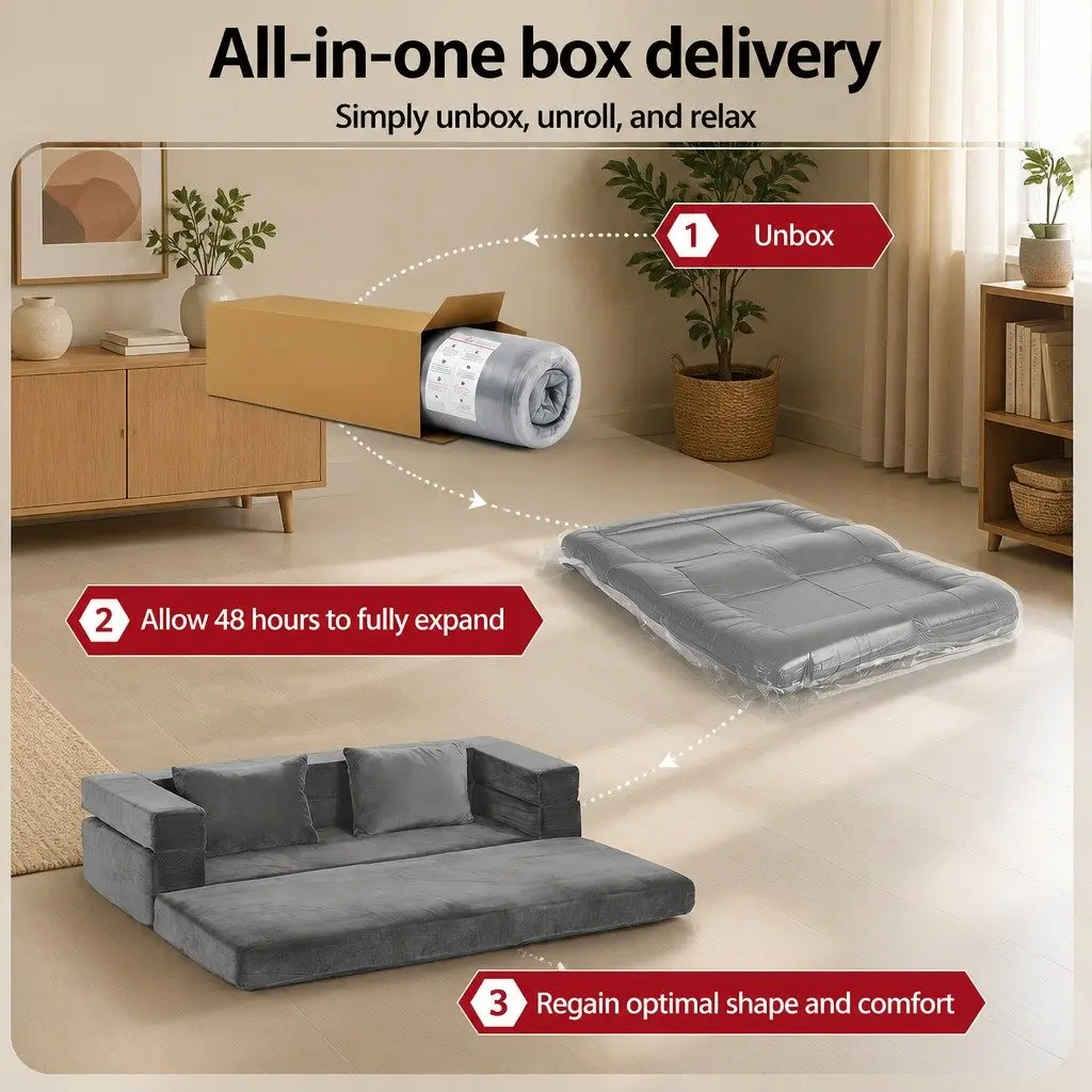 Convertible Sofa Bed Grey Velvet 3-in-1 Lounge Couch High Density Foam