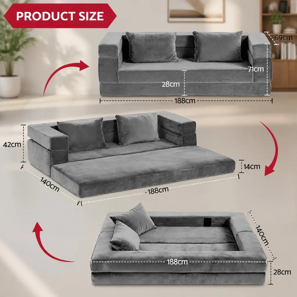 Convertible Sofa Bed Grey Velvet 3-in-1 Lounge Couch High Density Foam