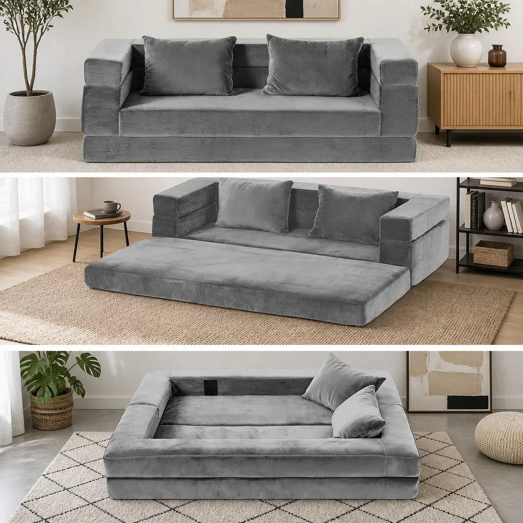 Convertible Sofa Bed Grey Velvet 3-in-1 Lounge Couch High Density Foam