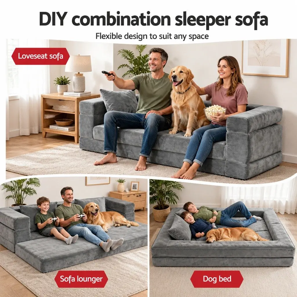 Convertible Sofa Bed Grey Velvet 3-in-1 Lounge Couch High Density Foam