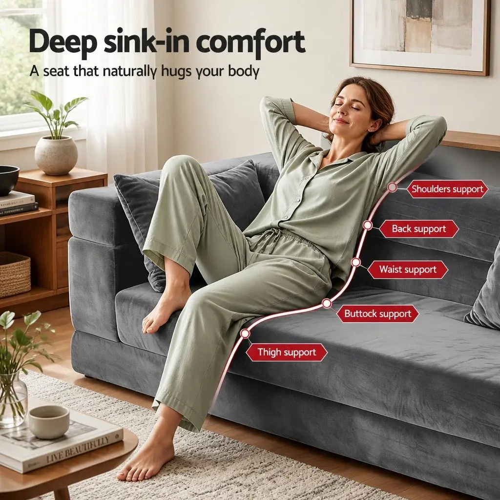 Convertible Sofa Bed Grey Velvet 3-in-1 Lounge Couch High Density Foam