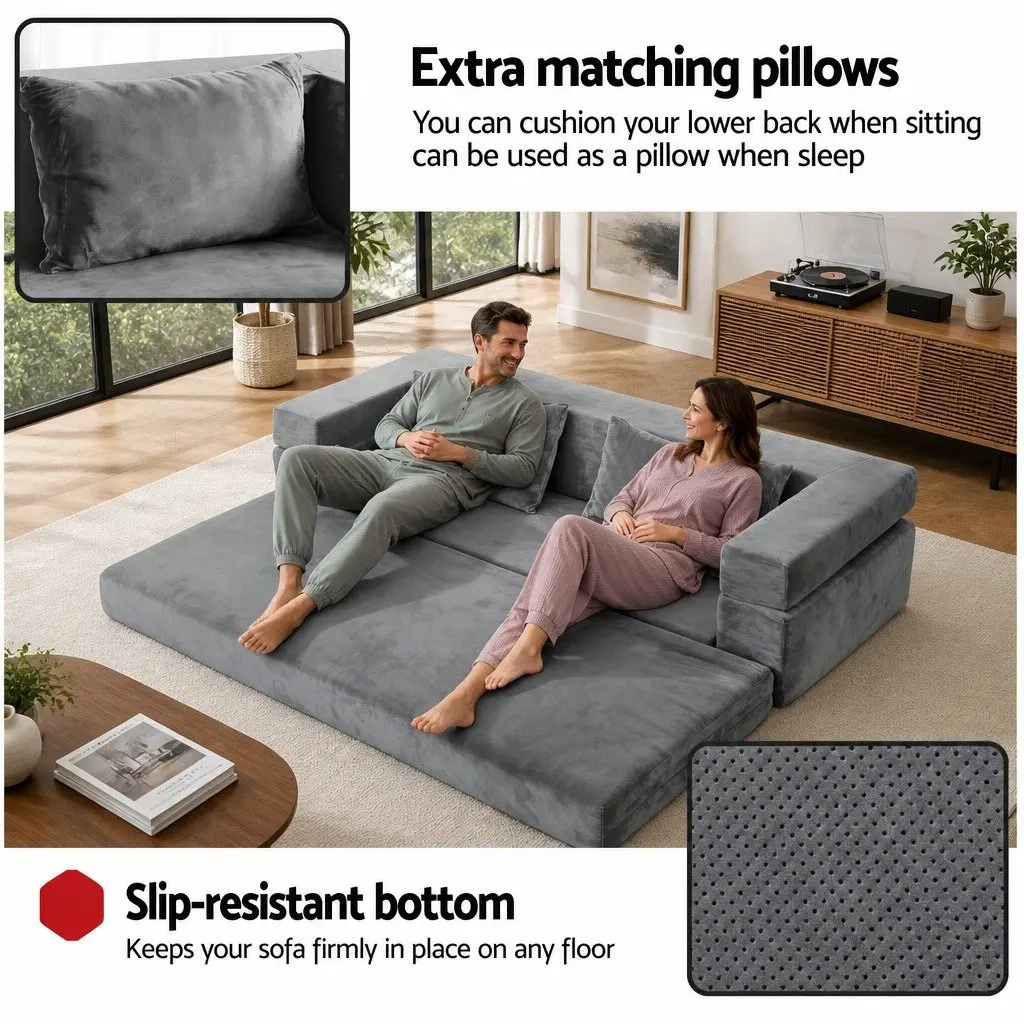Convertible Sofa Bed Grey Velvet 3-in-1 Lounge Couch High Density Foam