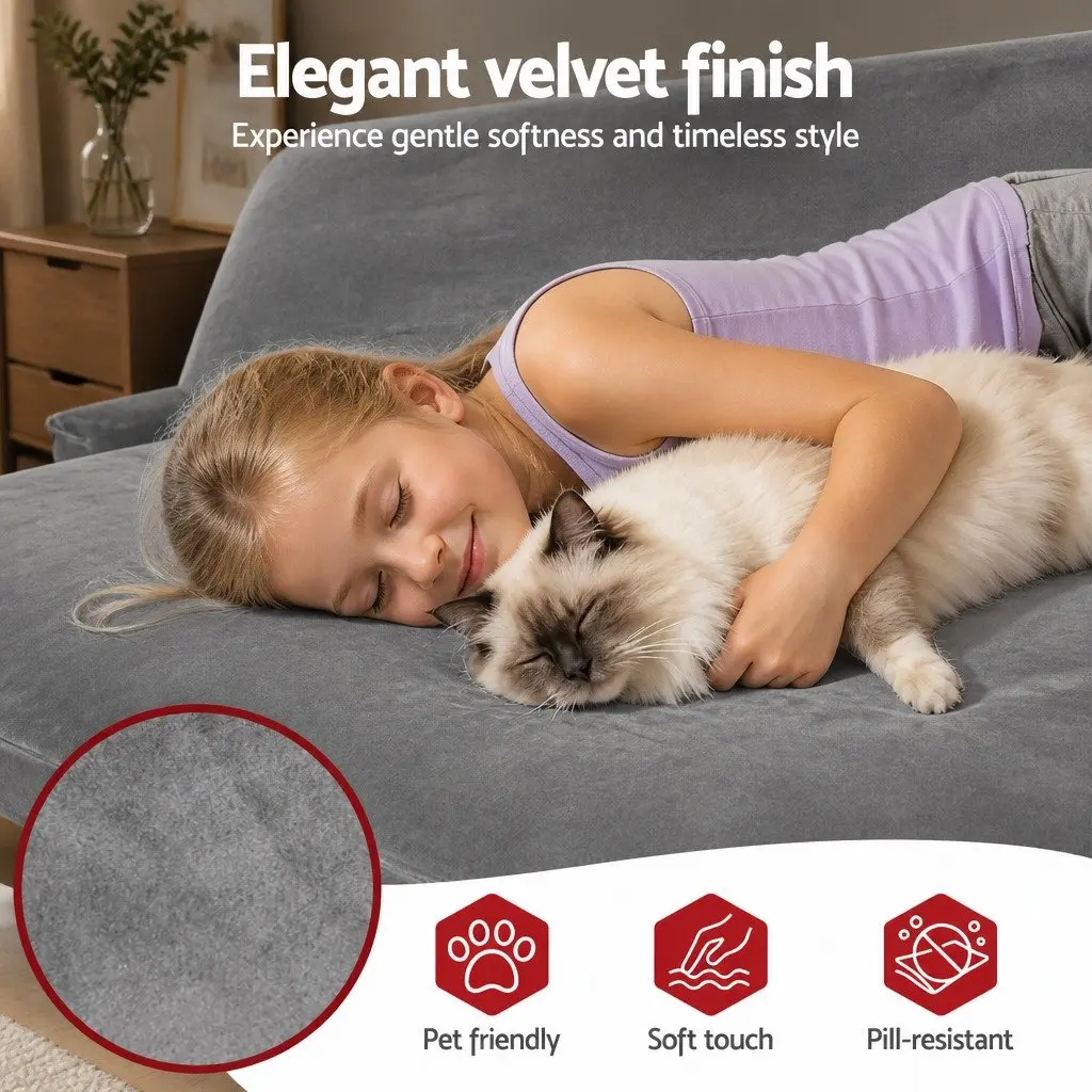 Convertible Sofa Bed Grey Velvet 3-in-1 Lounge Couch High Density Foam