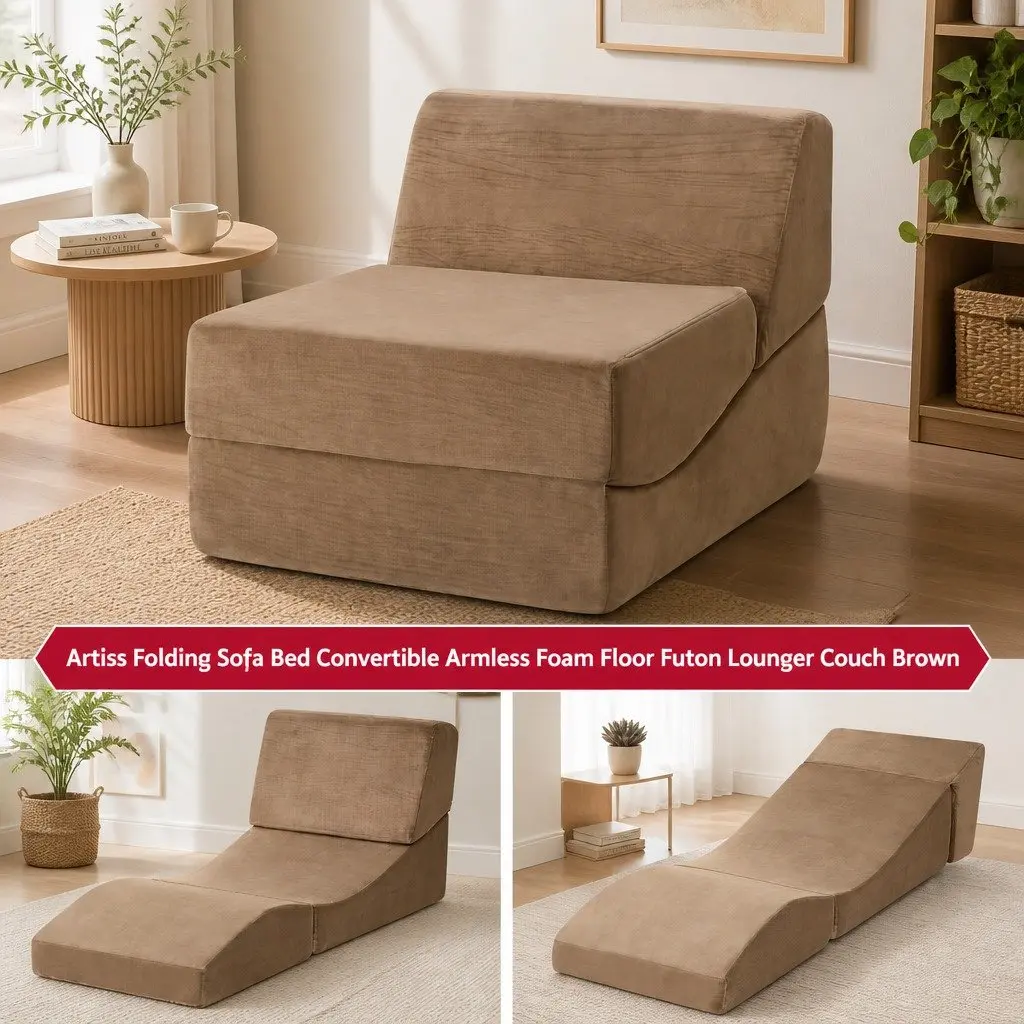 Folding Sofa Bed Convertible Armless Brown Velvet 3-in-1 Foam Lounger Chair