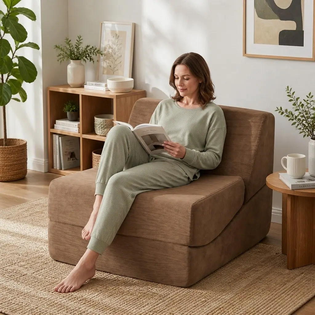 Folding Sofa Bed Convertible Armless Brown Velvet 3-in-1 Foam Lounger Chair