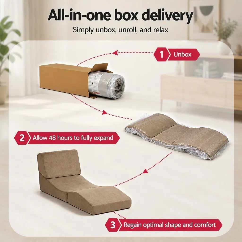 Folding Sofa Bed Convertible Armless Brown Velvet 3-in-1 Foam Lounger Chair