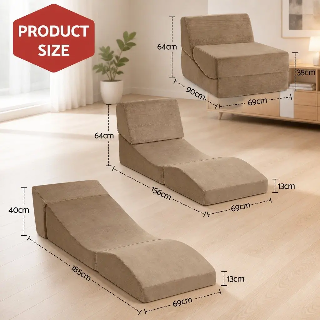 Folding Sofa Bed Convertible Armless Brown Velvet 3-in-1 Foam Lounger Chair