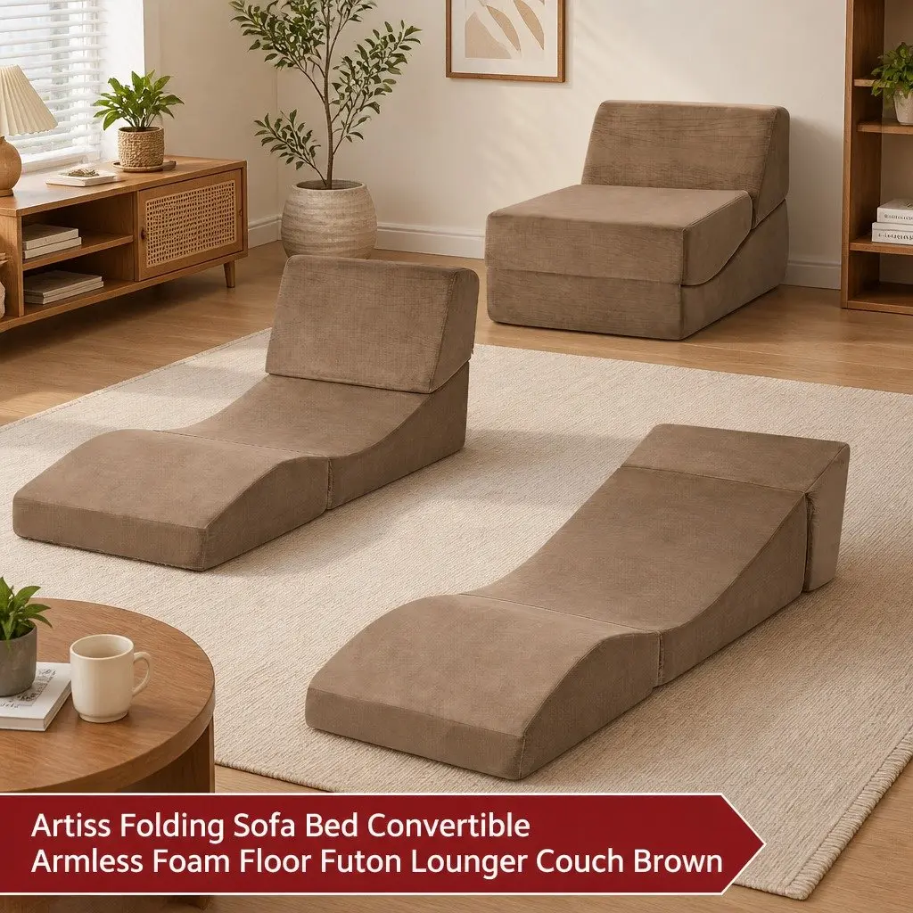 Folding Sofa Bed Convertible Armless Brown Velvet 3-in-1 Foam Lounger Chair