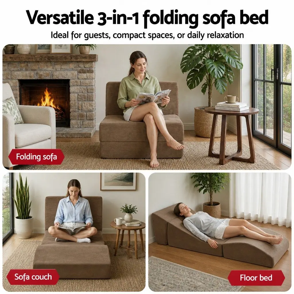 Folding Sofa Bed Convertible Armless Brown Velvet 3-in-1 Foam Lounger Chair