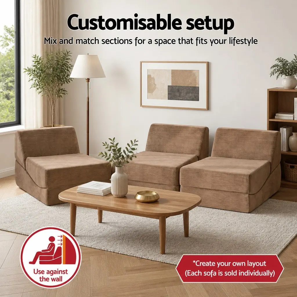 Folding Sofa Bed Convertible Armless Brown Velvet 3-in-1 Foam Lounger Chair