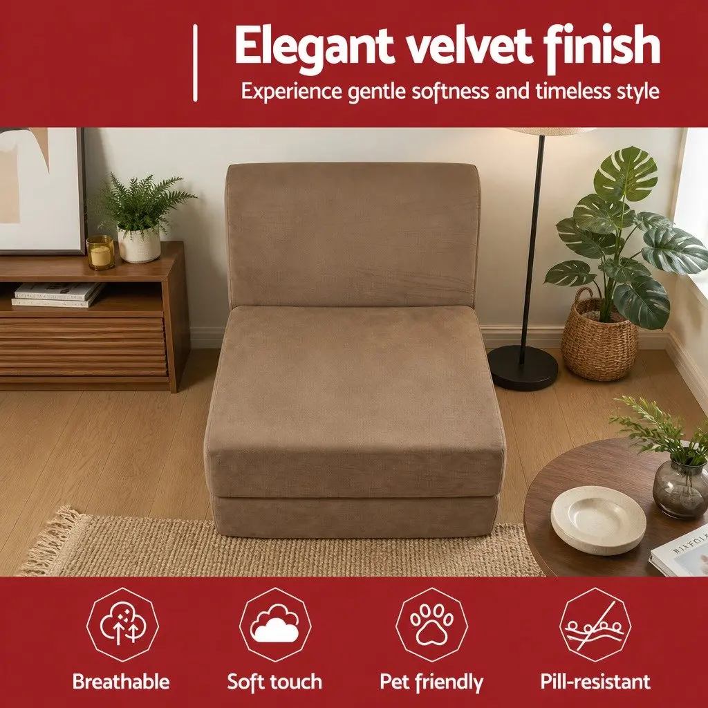 Folding Sofa Bed Convertible Armless Brown Velvet 3-in-1 Foam Lounger Chair