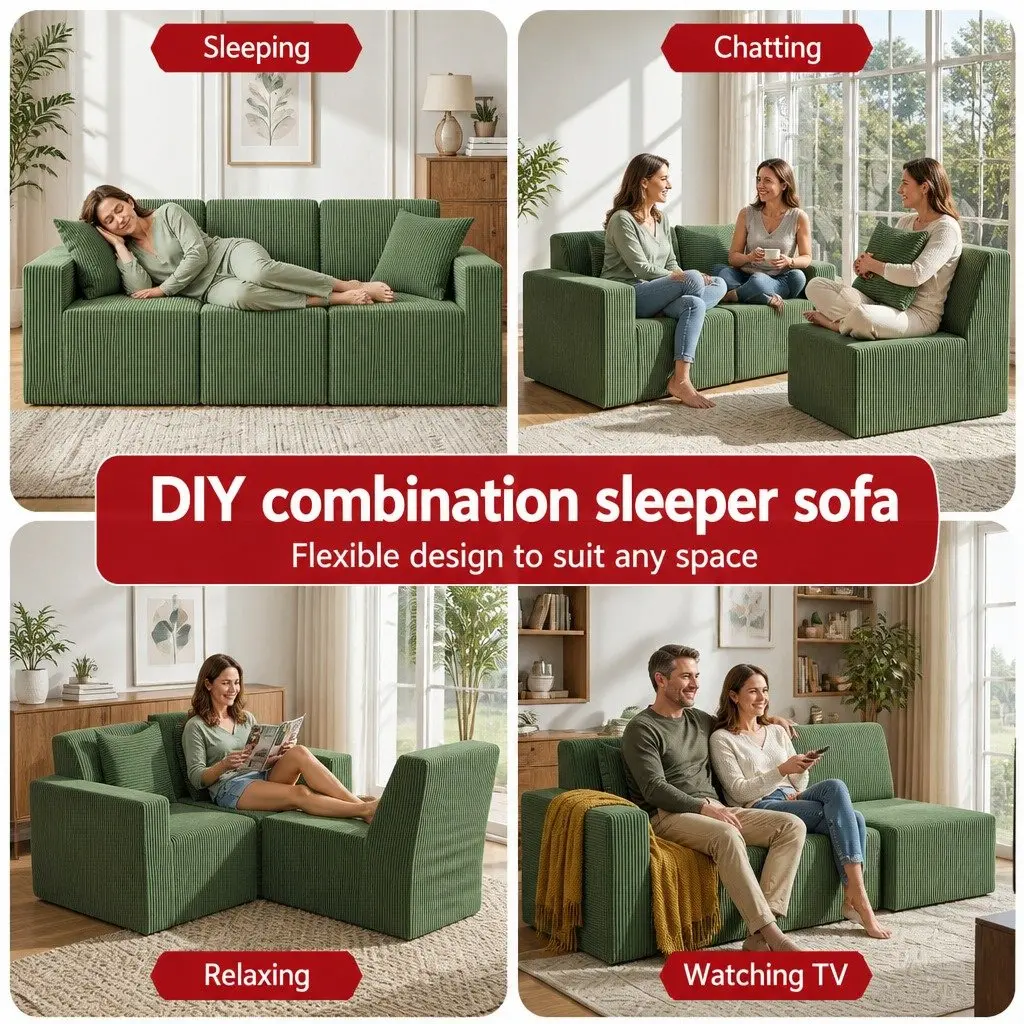 Modular 3-Seater Sofa Bed in Green