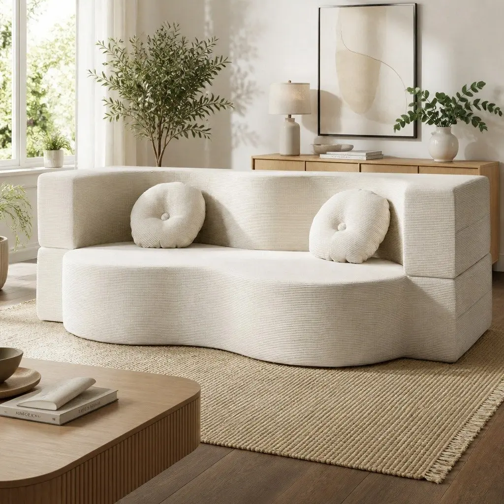 Beige 2-in-1 Convertible Sofa Bed Loveseat