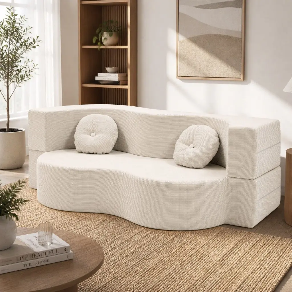 Folding Sofa Bed Convertible Futon Loveseat Couch Corduroy Fabric Beige 203cm x 51cm x 68cm