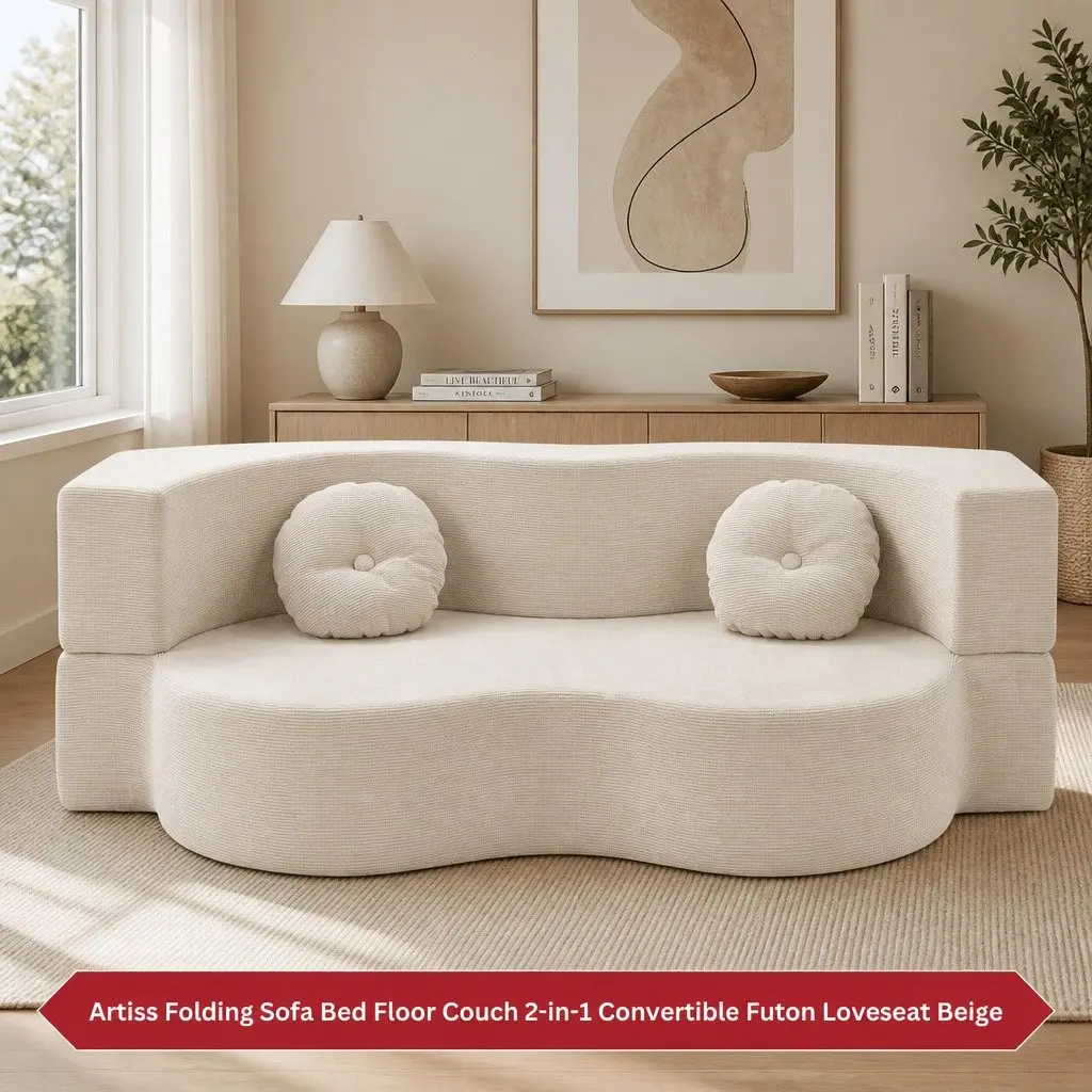 Folding Sofa Bed Convertible Futon Loveseat Couch Corduroy Fabric Beige 203cm x 51cm x 68cm