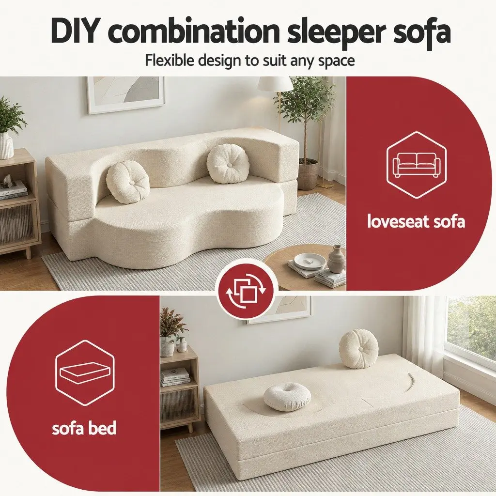 Folding Sofa Bed Convertible Futon Loveseat Couch Corduroy Fabric Beige 203cm x 51cm x 68cm