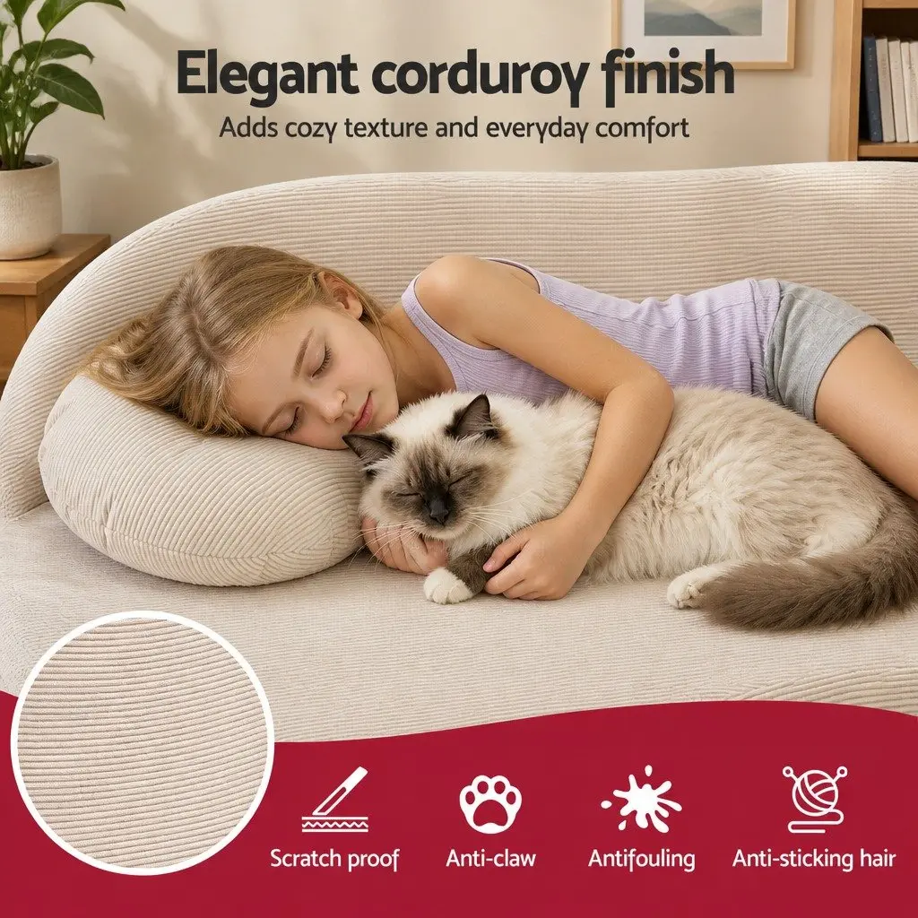 Folding Sofa Bed Convertible Futon Loveseat Couch Corduroy Fabric Beige 203cm x 51cm x 68cm