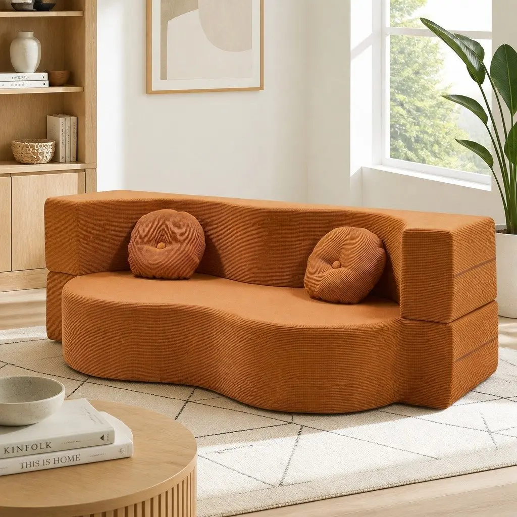 Sofa Bed Convertible Curved Couch 203cm Orange Corduroy Fabric High-Density Foam