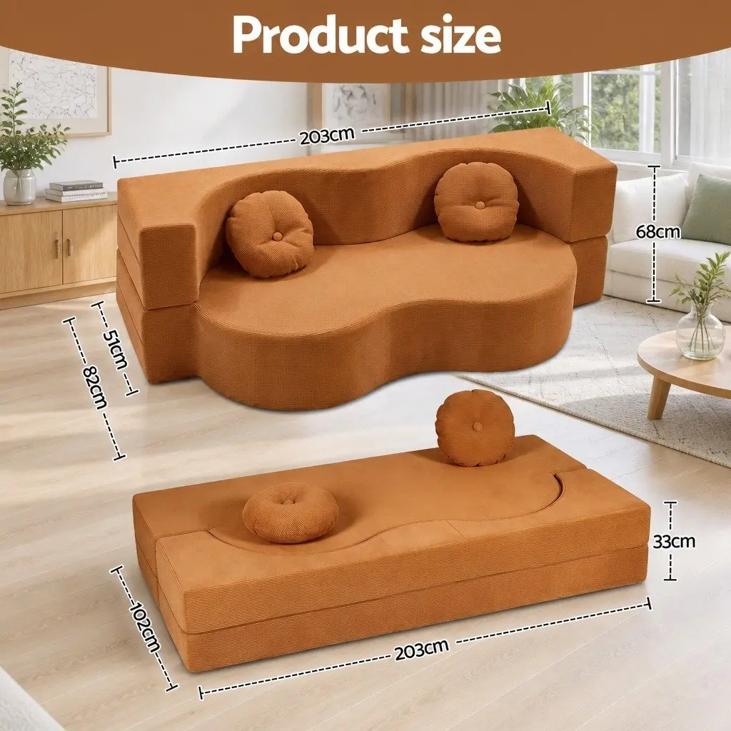 Sofa Bed Convertible Curved Couch 203cm Orange Corduroy Fabric High-Density Foam