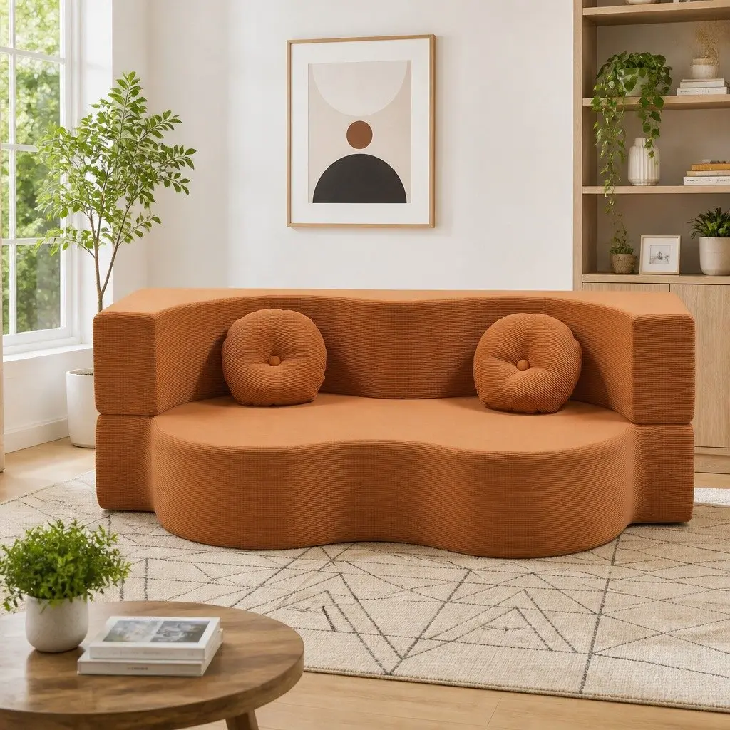 Sofa Bed Convertible Curved Couch 203cm Orange Corduroy Fabric High-Density Foam