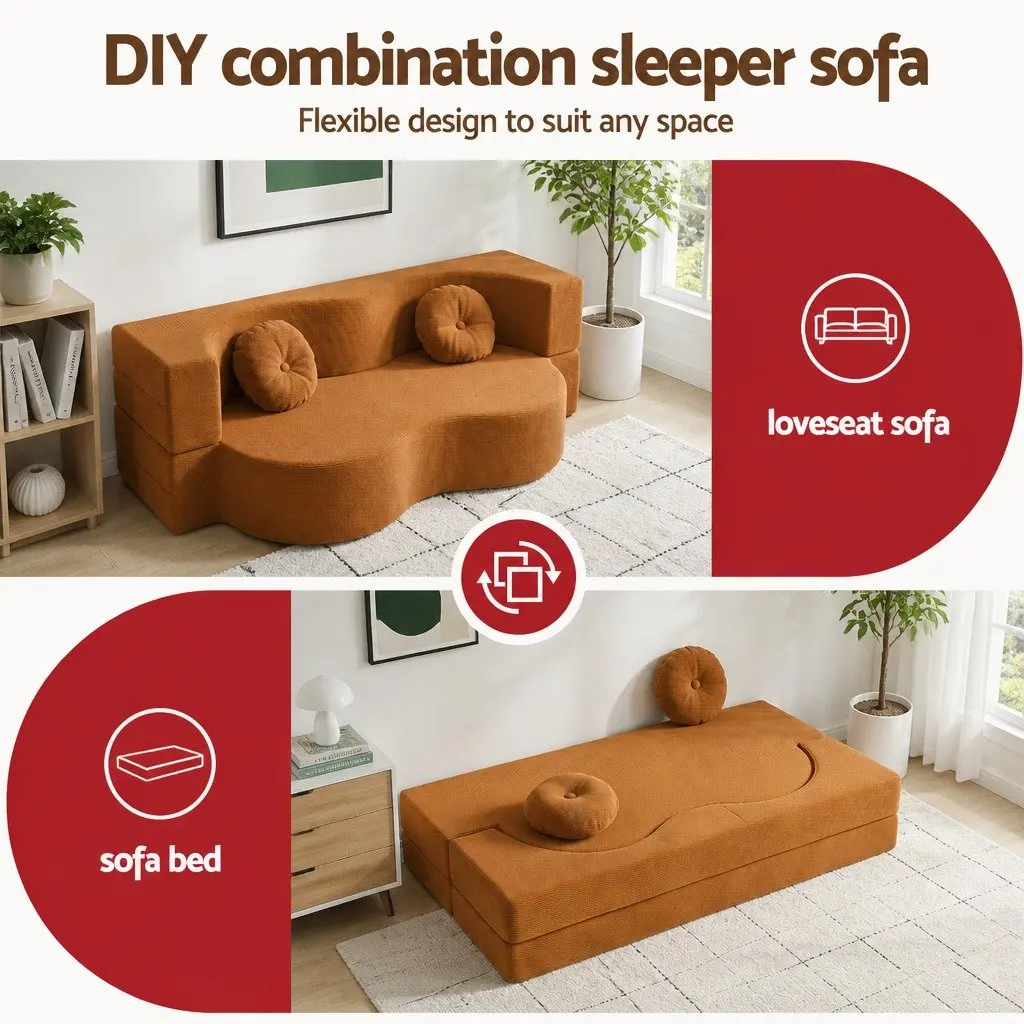 Sofa Bed Convertible Curved Couch 203cm Orange Corduroy Fabric High-Density Foam