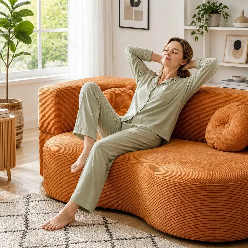 Sofa Bed Convertible Curved Couch 203cm Orange Corduroy Fabric High-Density Foam