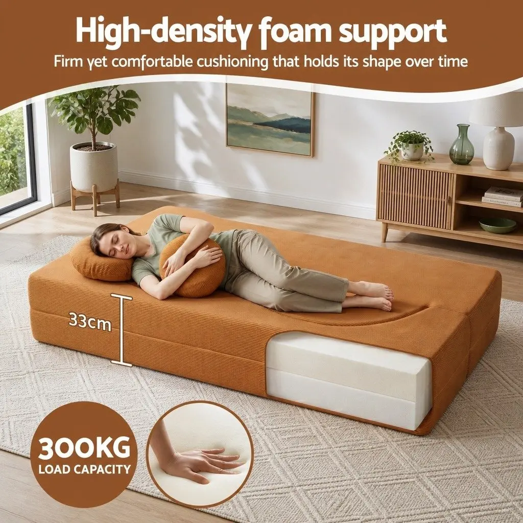 Sofa Bed Convertible Curved Couch 203cm Orange Corduroy Fabric High-Density Foam