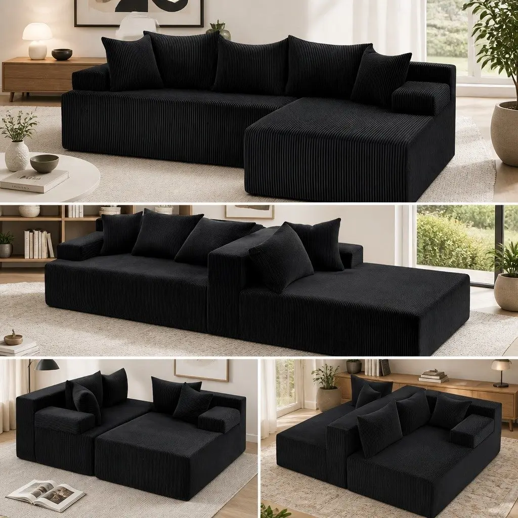 L-Shaped Modular Sectional Sofa Bed Black Corduroy Fabric 4-Seater High-Density Foam Cushioning