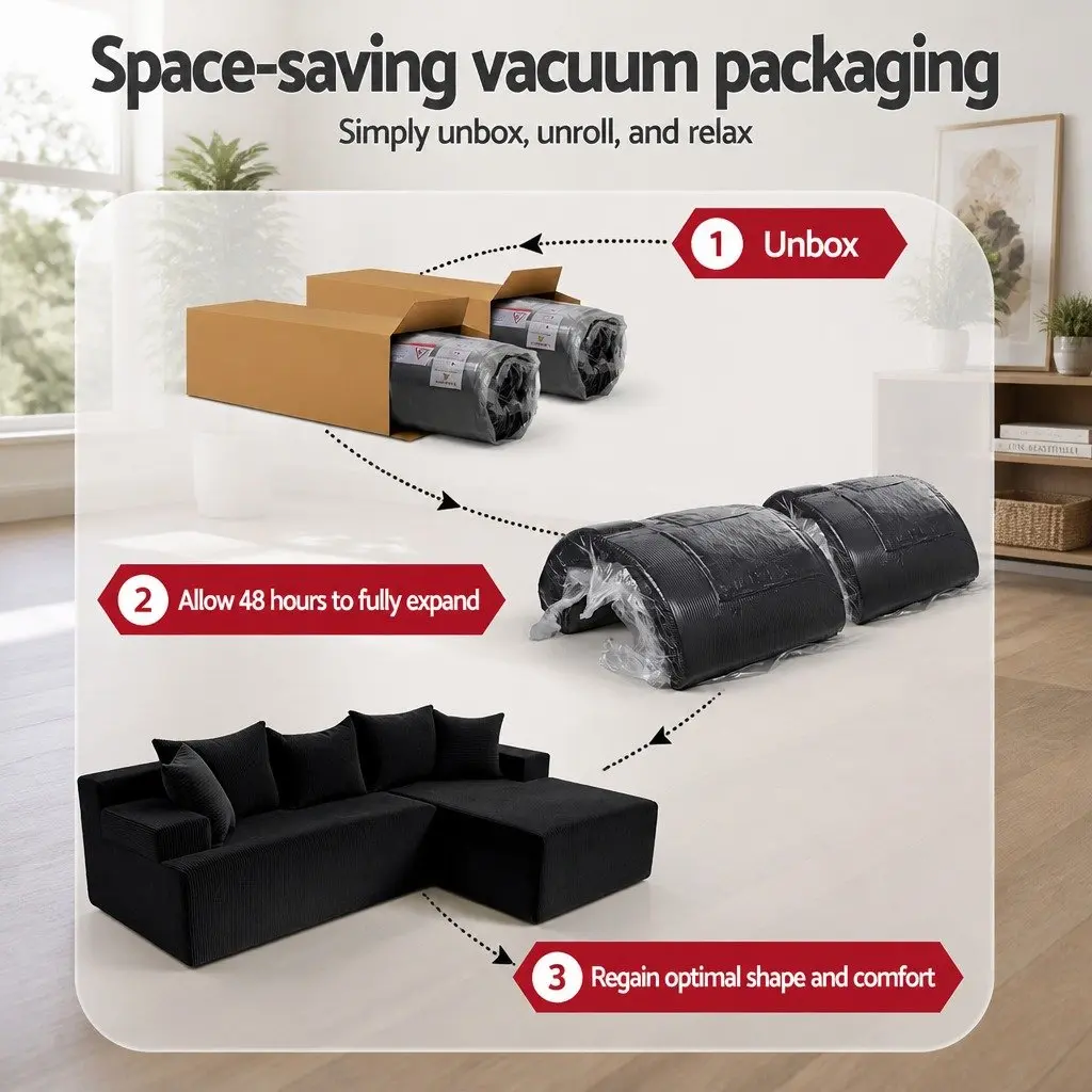 L-Shaped Modular Sectional Sofa Bed Black Corduroy Fabric 4-Seater High-Density Foam Cushioning