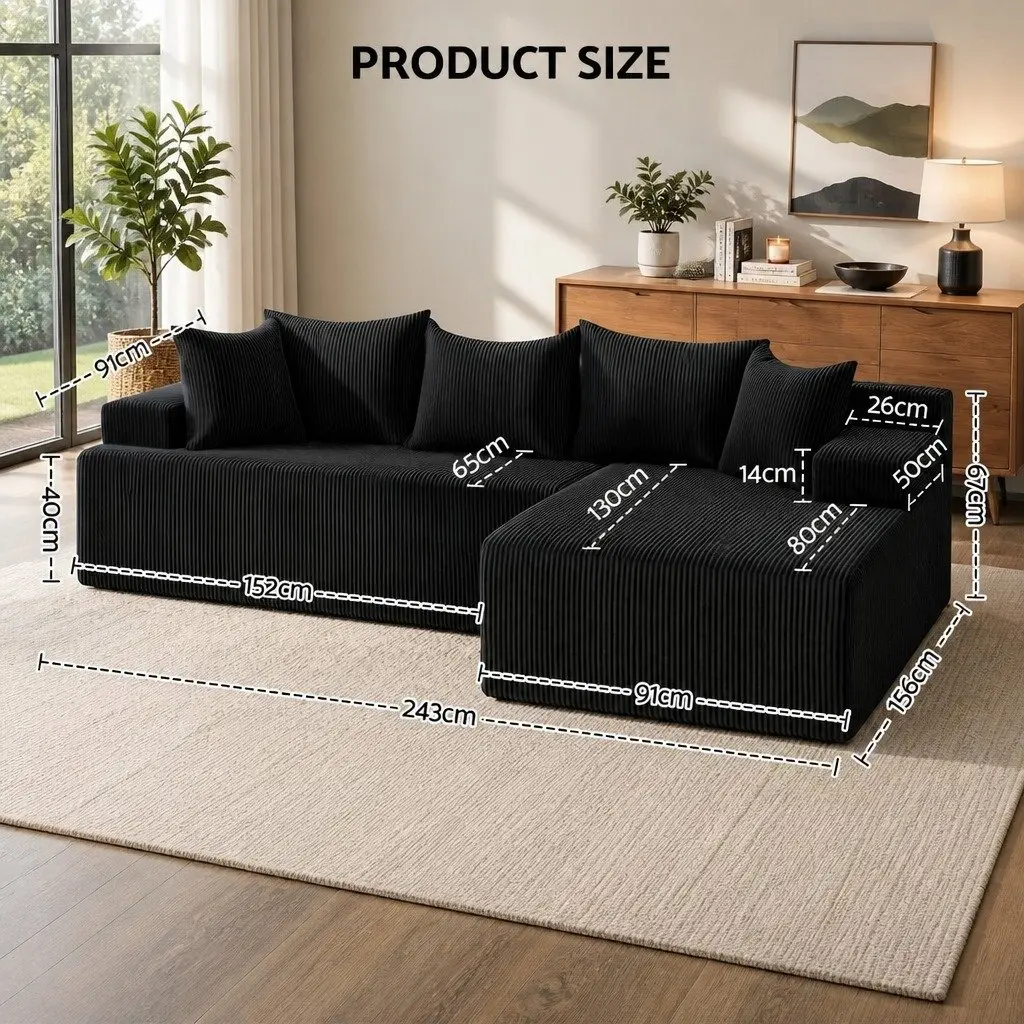 L-Shaped Modular Sectional Sofa Bed Black Corduroy Fabric 4-Seater High-Density Foam Cushioning