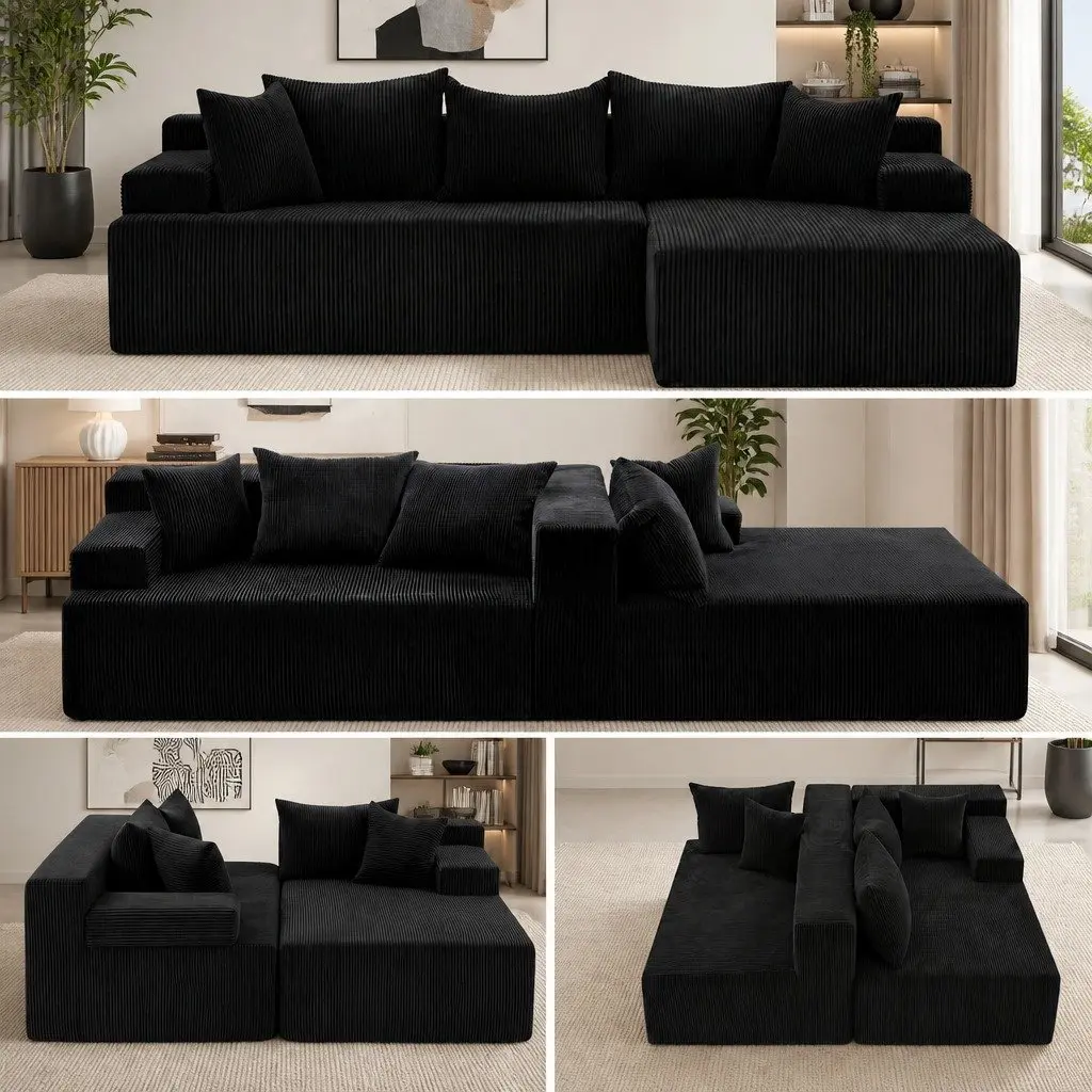 L-Shaped Modular Sectional Sofa Bed Black Corduroy Fabric 4-Seater High-Density Foam Cushioning