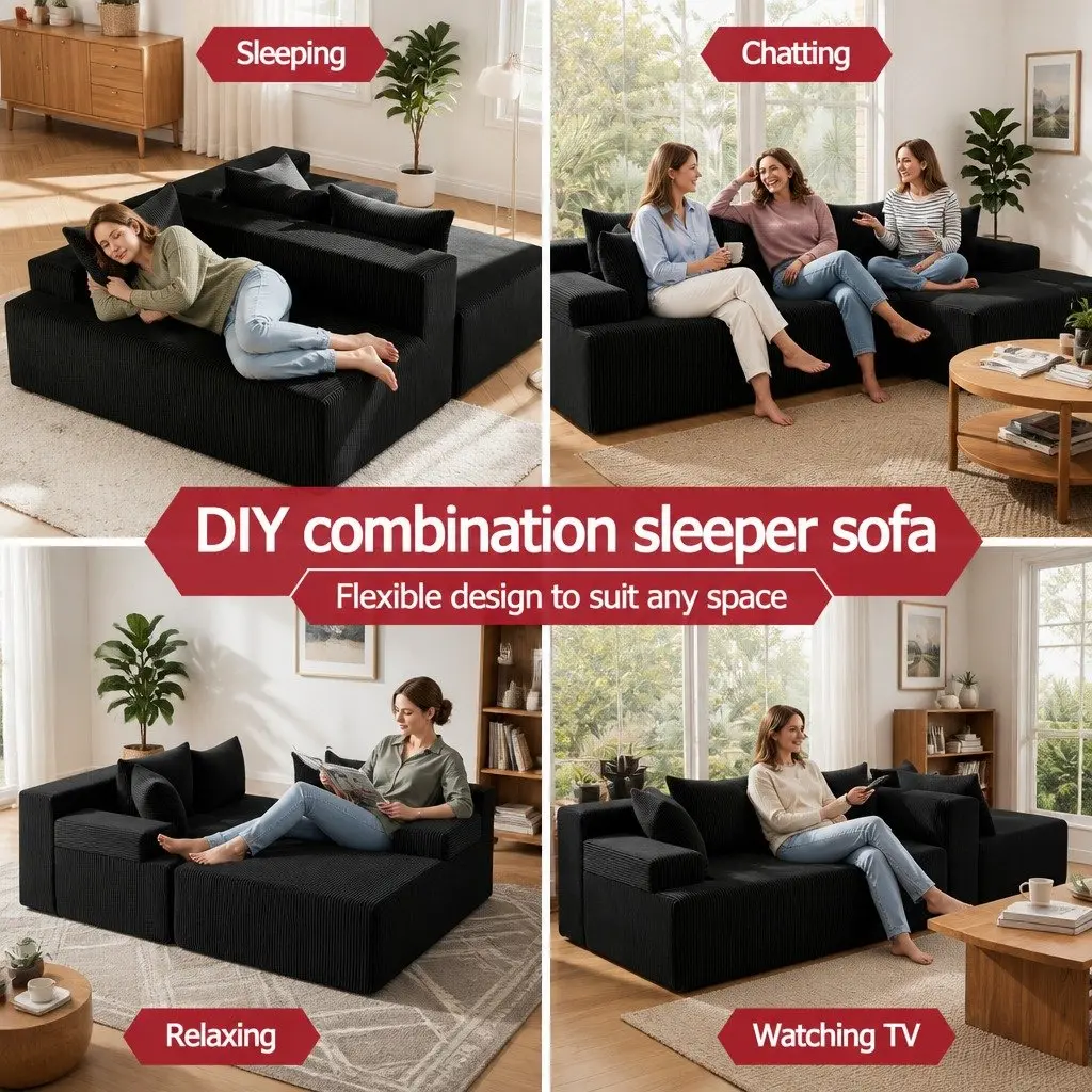 L-Shaped Modular Sectional Sofa Bed Black Corduroy Fabric 4-Seater High-Density Foam Cushioning