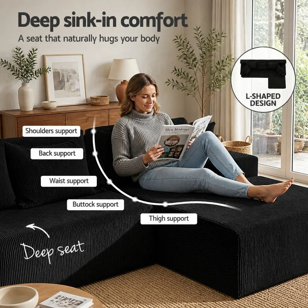 L-Shaped Modular Sectional Sofa Bed Black Corduroy Fabric 4-Seater High-Density Foam Cushioning