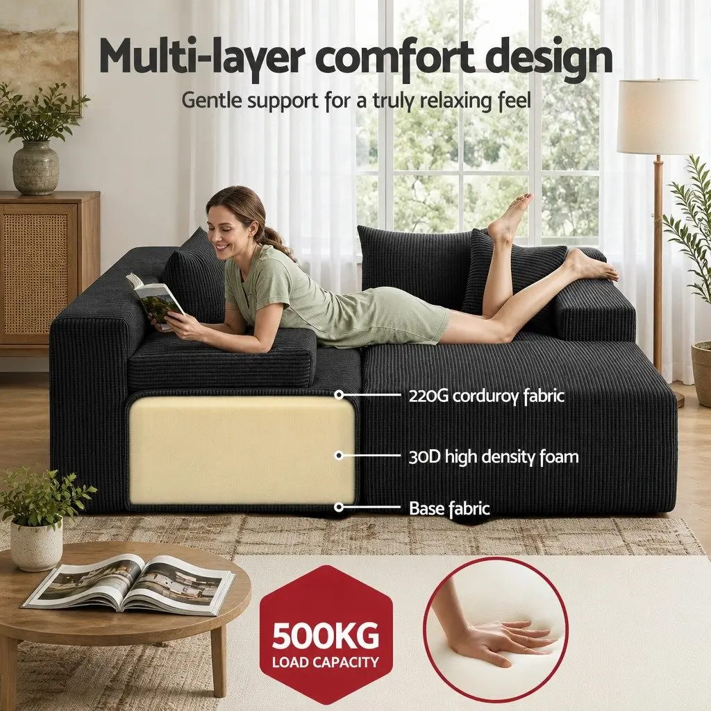 L-Shaped Modular Sectional Sofa Bed Black Corduroy Fabric 4-Seater High-Density Foam Cushioning