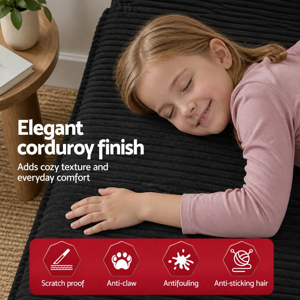 L-Shaped Modular Sectional Sofa Bed Black Corduroy Fabric 4-Seater High-Density Foam Cushioning