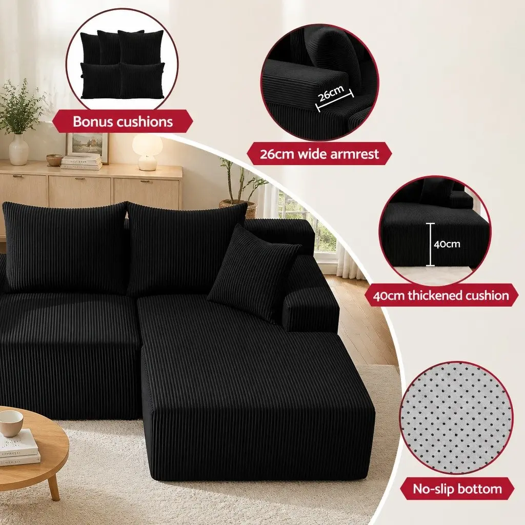 L-Shaped Modular Sectional Sofa Bed Black Corduroy Fabric 4-Seater High-Density Foam Cushioning