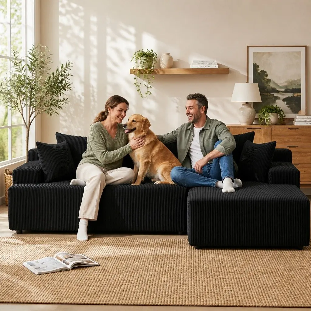 L-Shaped Modular Sectional Sofa Bed Black Corduroy Fabric 4-Seater High-Density Foam Cushioning