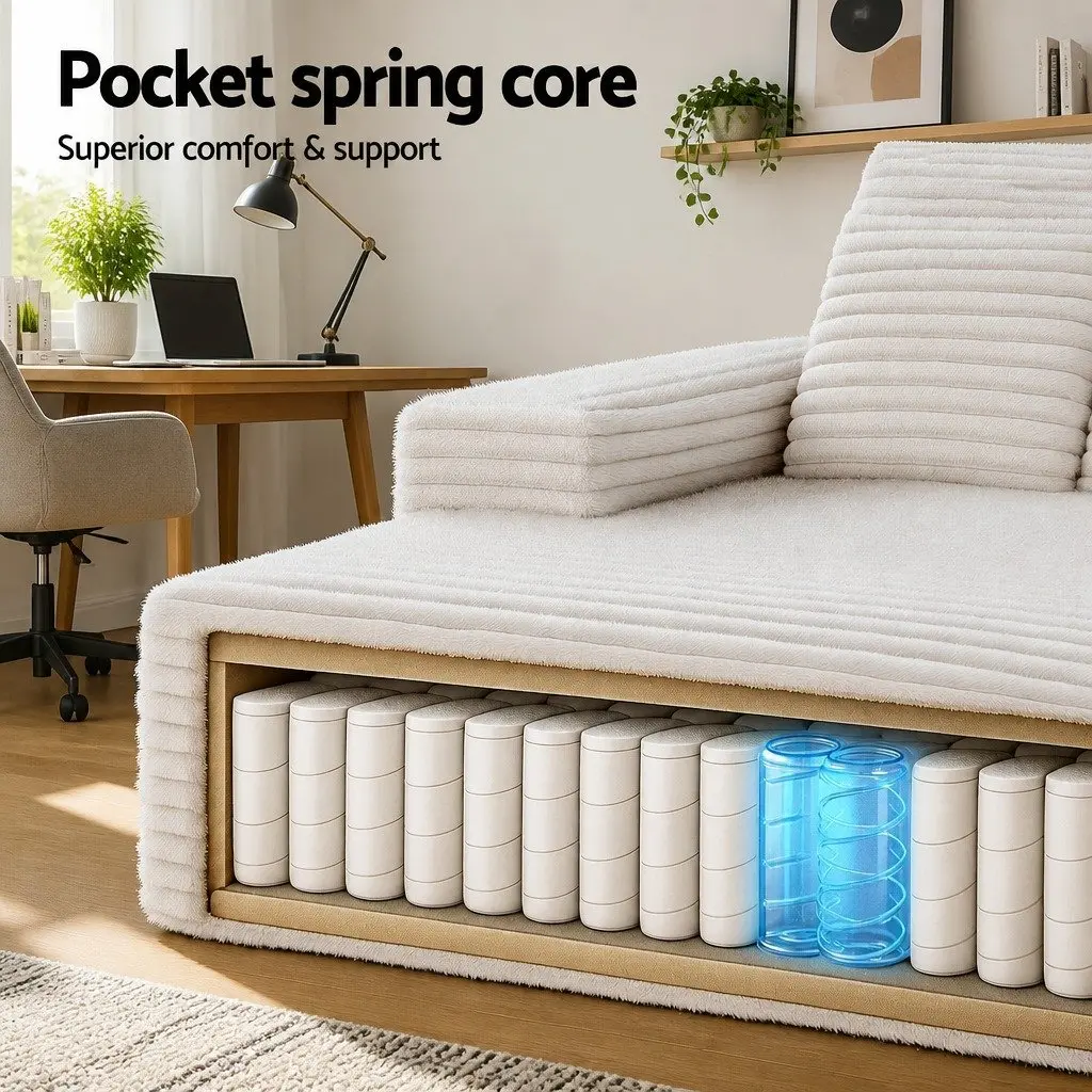 Sofa Bed Faux Fur Fabric Beige Modern Minimalist Lounge Chair Sleeper Size High-Density Foam Pocket Spring Core