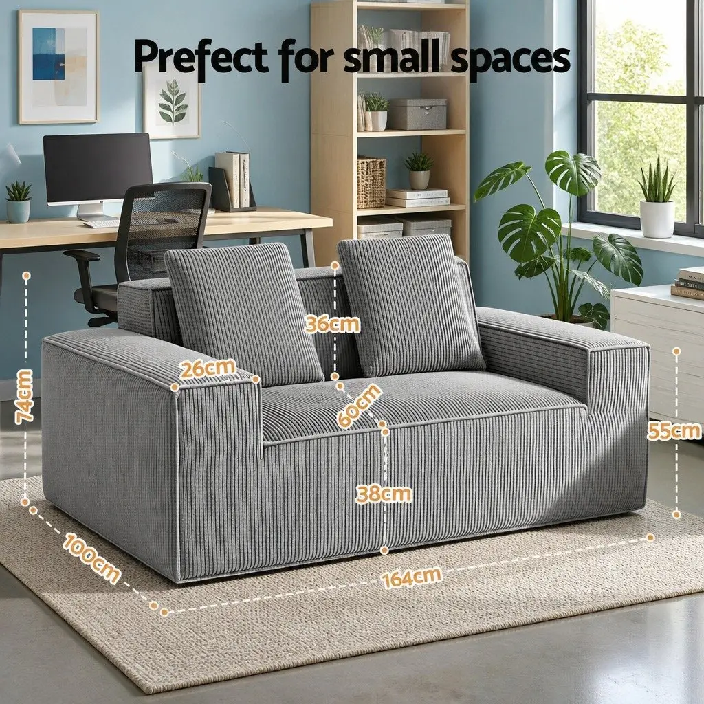 Loveseat Sofa Bed Couch Compact Modern Minimalist 2 Seater Grey Corduroy