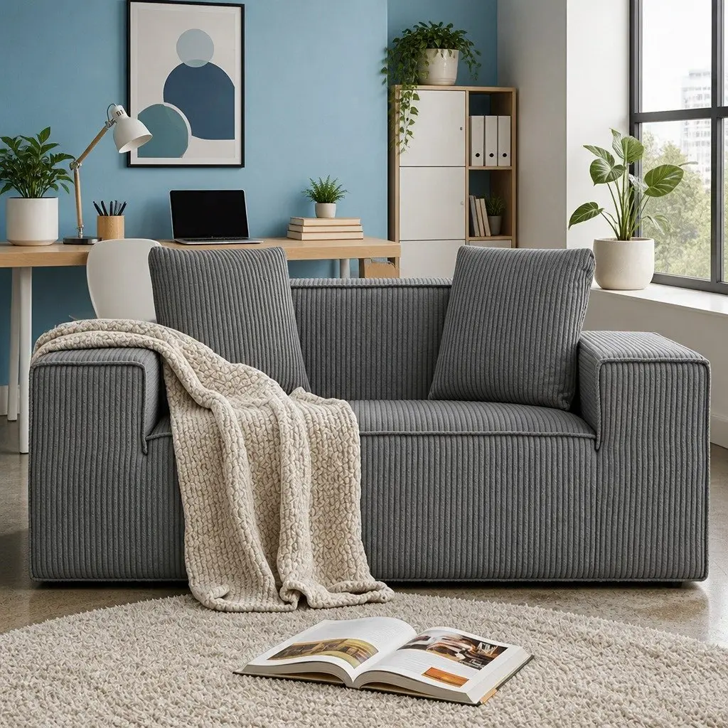 Loveseat Sofa Bed Couch Compact Modern Minimalist 2 Seater Grey Corduroy