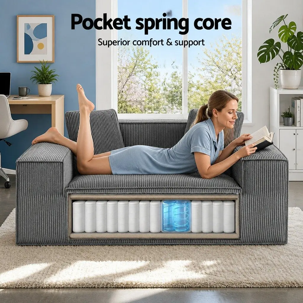 Loveseat Sofa Bed Couch Compact Modern Minimalist 2 Seater Grey Corduroy